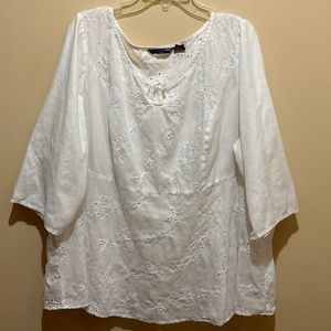 Saint Tropez West 100% Linen Women 3x Blouse 3/4th Sleeve Tops Floral Eyelet
